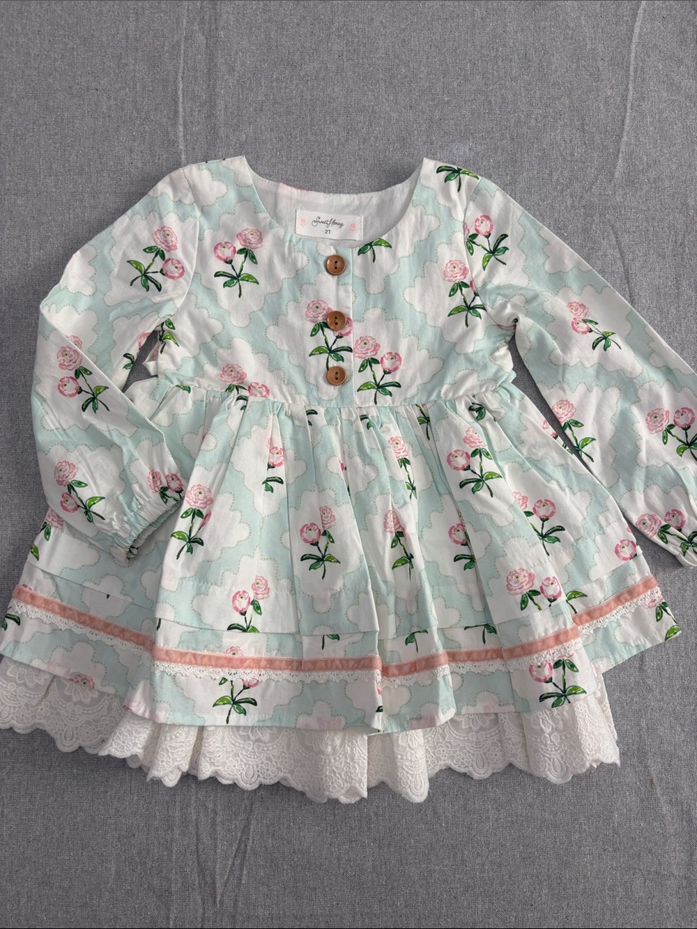 SweetHoney Pale Mint Floral Dress with Pink Roses